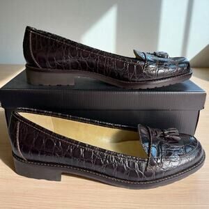 Talbots Caster3 Loafer 8M Women Croc Embossed Leather Shoes Lug Sole Tassels